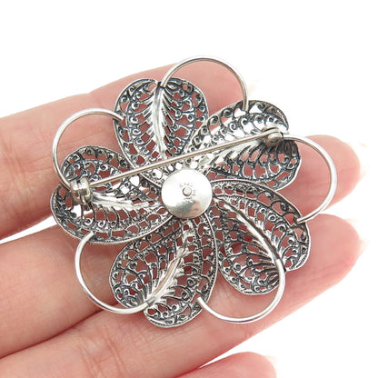 BEAU 925 Sterling Silver Vintage Faux Pearl Floral Filigree Pin Brooch