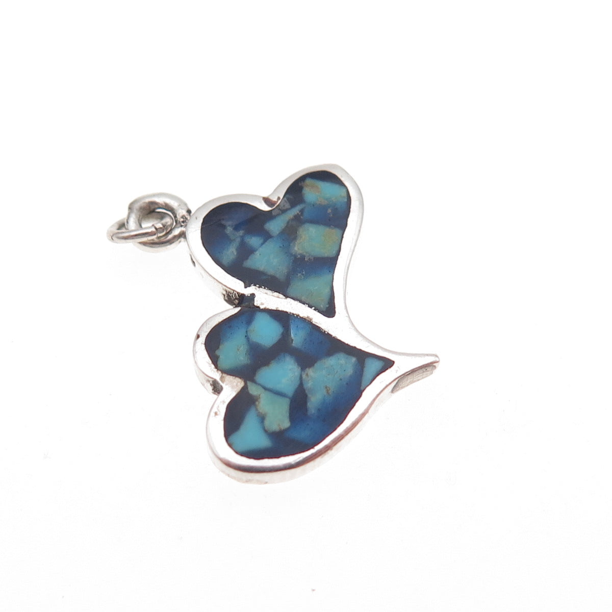 Old Pawn 925 Sterling Silver Vintage Turquoise Inlay Couple Heart Charm Pendant