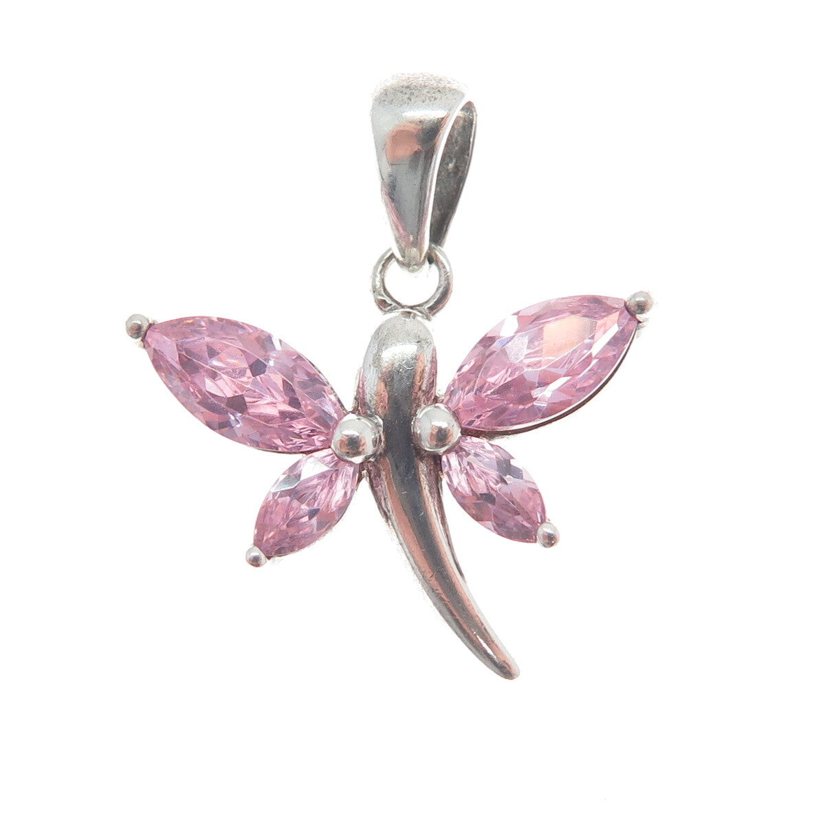 925 Sterling Silver Vintage Pink Marquise-Cut Shaped C Z Dragonfly Pendant