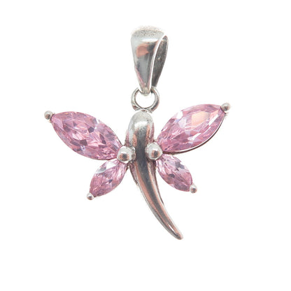 925 Sterling Silver Vintage Pink Marquise-Cut Shaped C Z Dragonfly Pendant