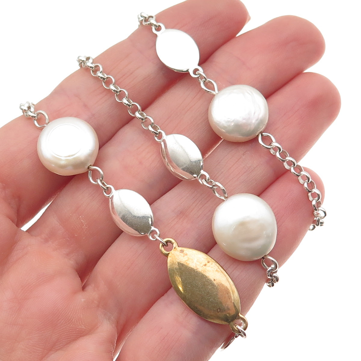 Robert Lee Morris Sterling Silver 2-Tone Vintage Real Pearl Chain Necklace 32"