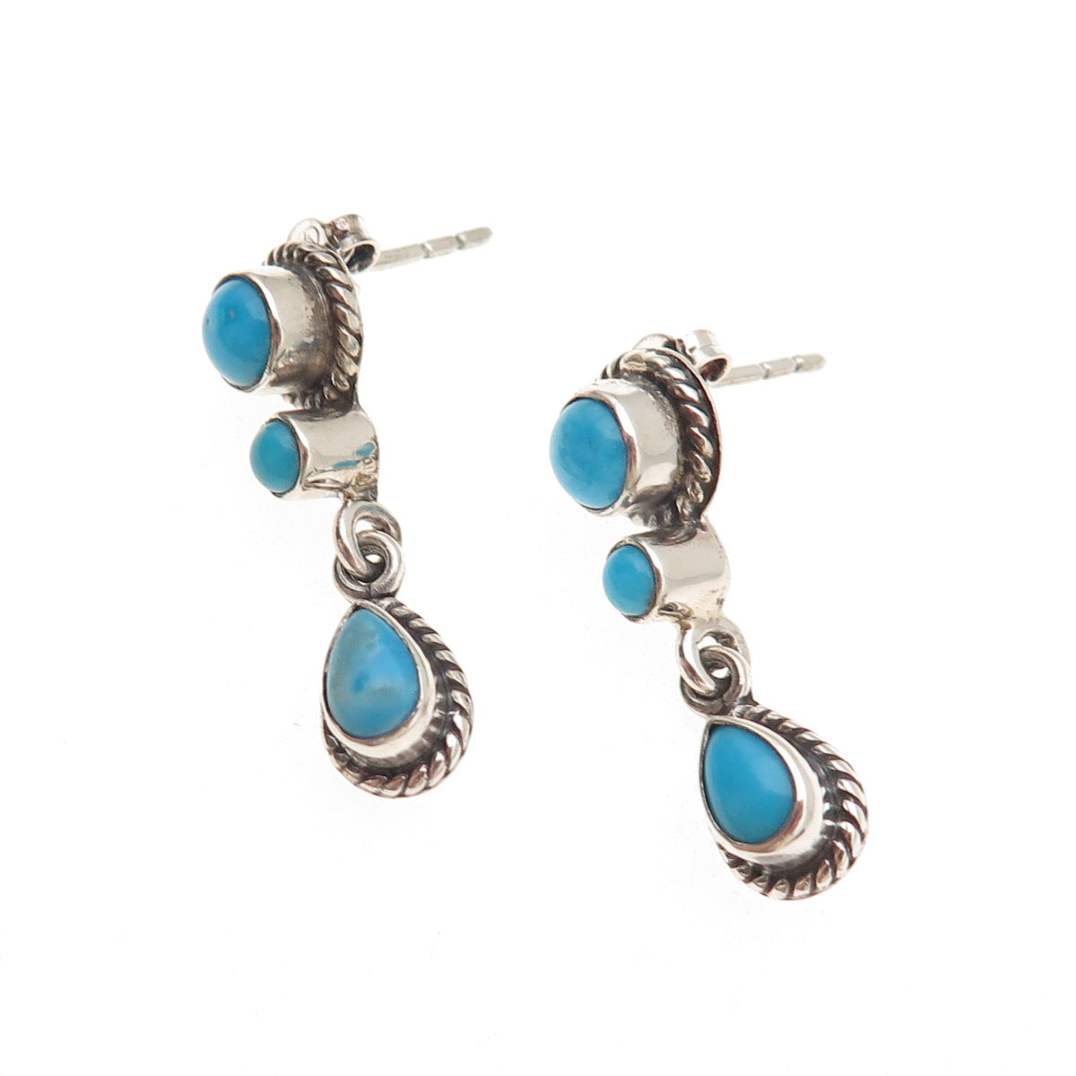 925 Sterling Silver Vintage Real Turquoise Oxidized Dangle Earrings