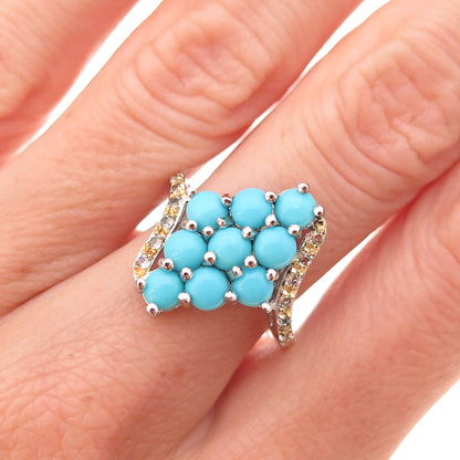 925 Sterling 2-Tone Real Sleeping Beauty Turquoise & White Topaz Ring Size 7.25