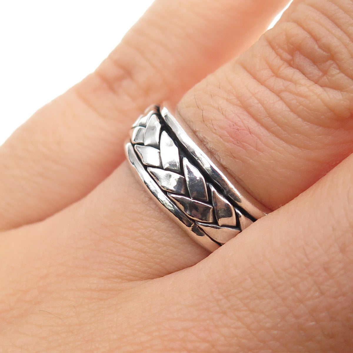 925 Sterling Silver Vintage Mexico Woven Oxidized Rotating Band Ring Size 7