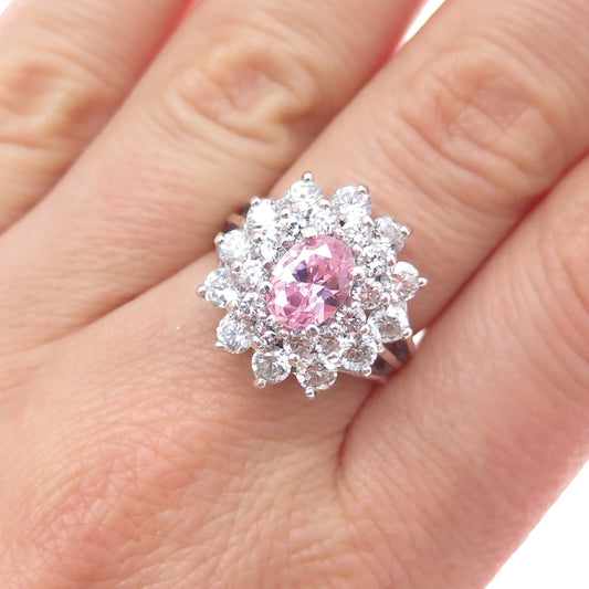 925 Sterling Silver Oval-Cut Pink & Round-Cut White C Z Ring Size 7