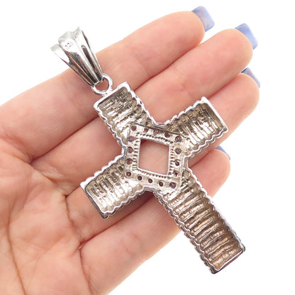 925 Sterling Silver Round-Cut C Z Ribbed Cross Large Pendant