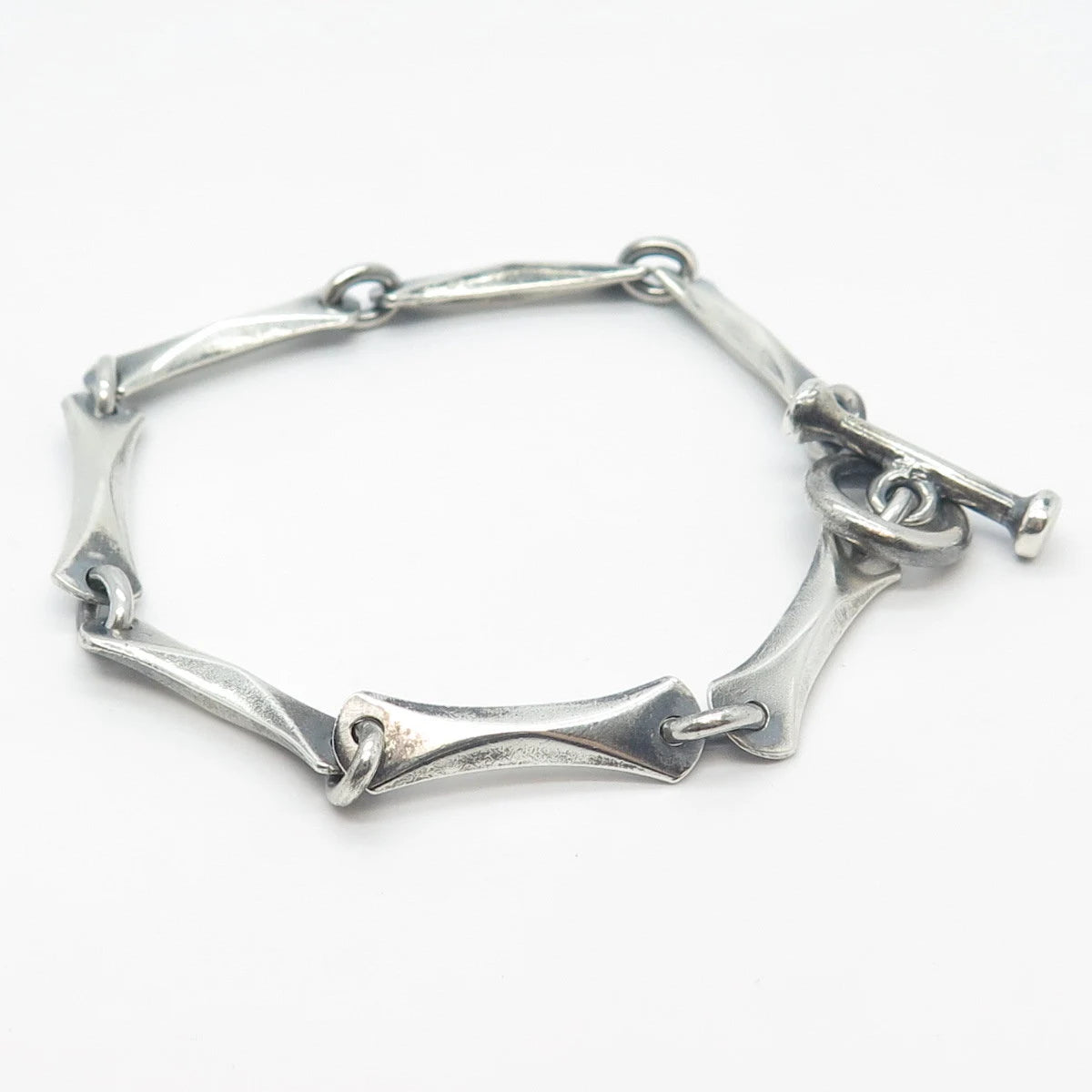 925 Sterling Silver Vintage Toggle Clasp Bamboo Link Bracelet 7.25"