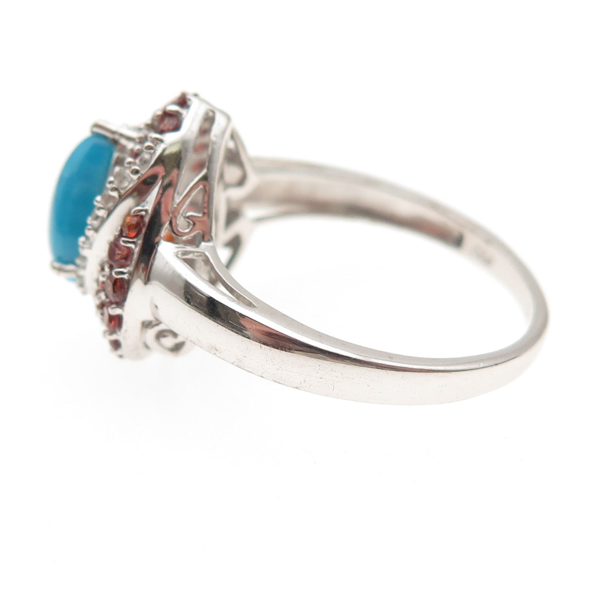 Chuck Clemency 925 Sterling Real Turquoise Red Garnet & White Topaz Ring Size 10
