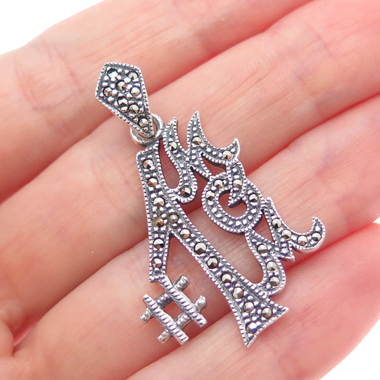 925 Sterling Silver Vintage Real Marcasite #1 Mom Oxidized Charm Pendant