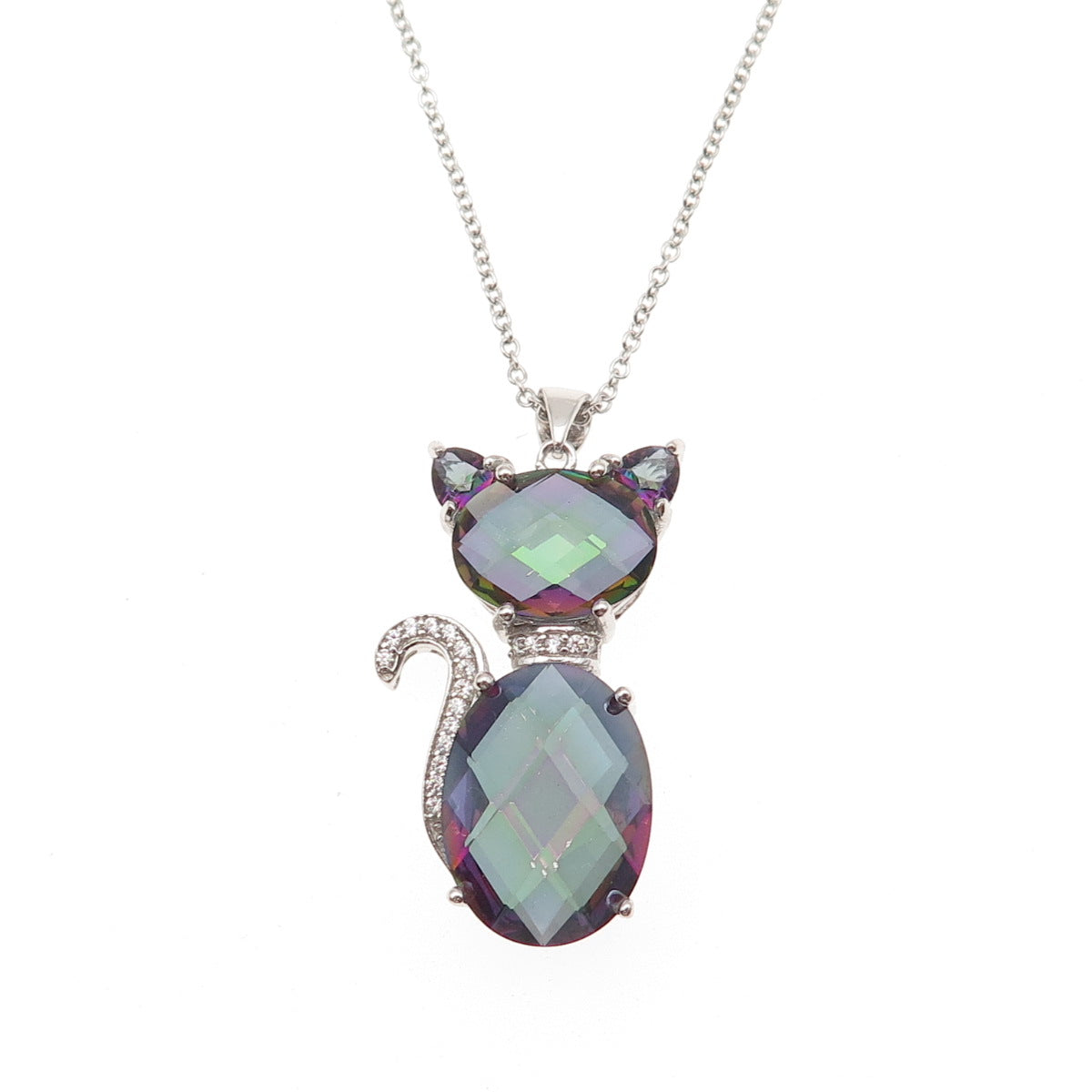 925 Sterling Silver Real Mystic Quartz & C Z Cat Cable Chain Necklace 18"