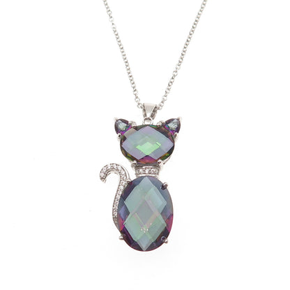925 Sterling Silver Real Mystic Quartz & C Z Cat Cable Chain Necklace 18"