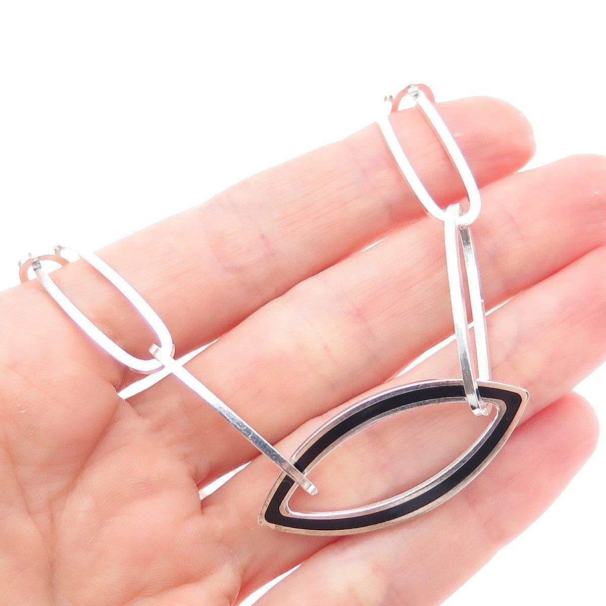 925 Sterling Vintage Italy Black Onyx Modernist Paperclip Chain Necklace 24"