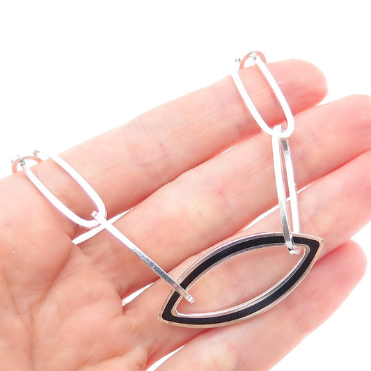 925 Sterling Vintage Italy Black Onyx Modernist Paperclip Chain Necklace 24"