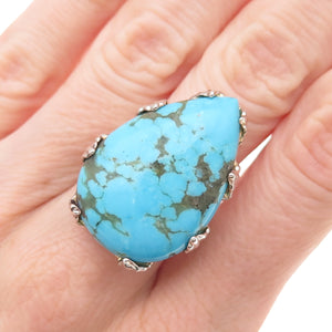 925 Sterling Silver Vintage Real Lone Mountain Turquoise Teardrop Ring Size 8