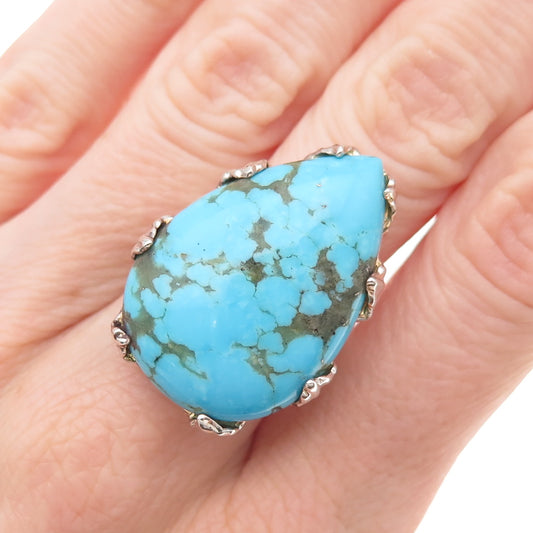925 Sterling Silver Vintage Real Lone Mountain Turquoise Teardrop Ring Size 8