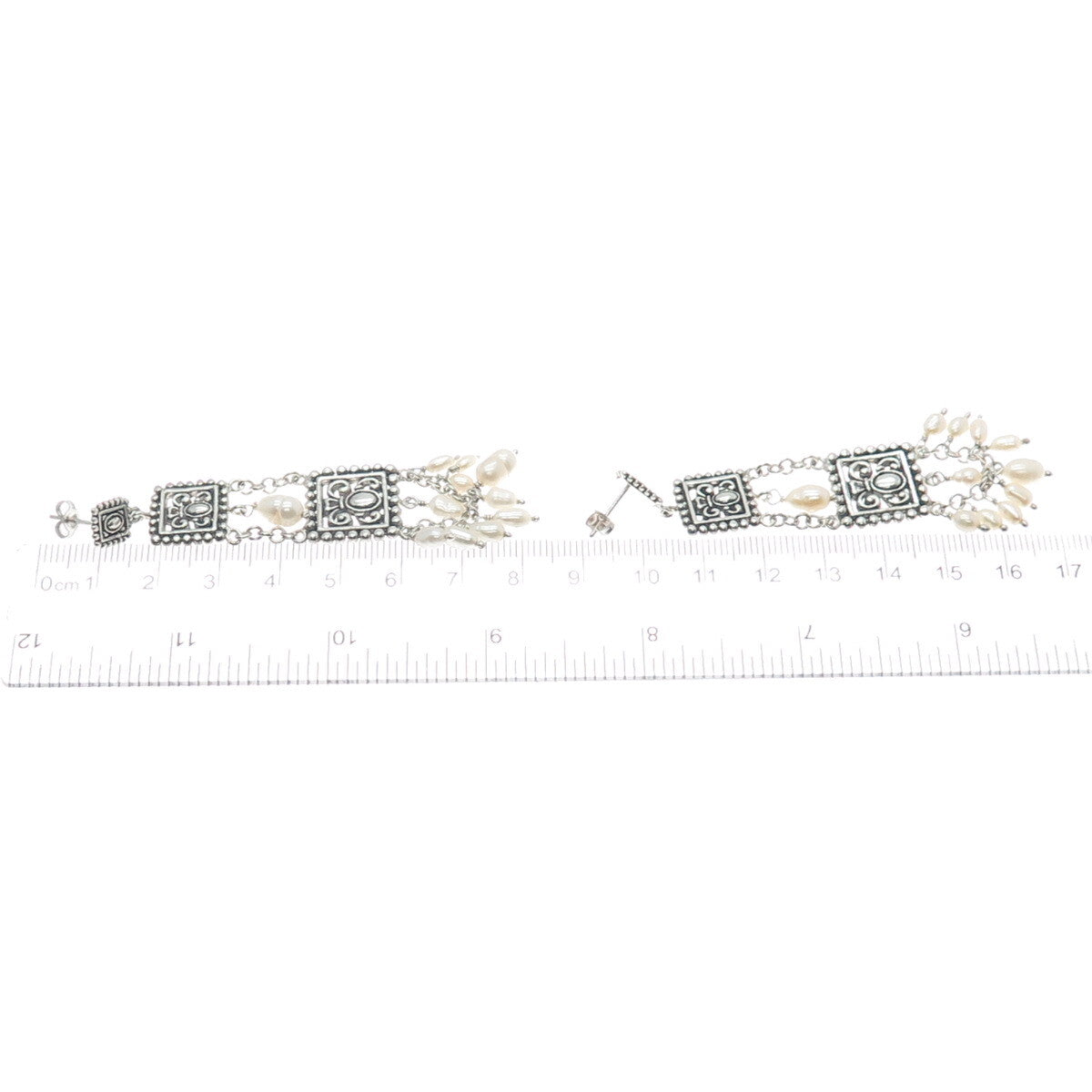 925 Sterling Silver Vintage Real Pearl Ethnic / Boho Dangling Earrings