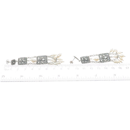 925 Sterling Silver Vintage Real Pearl Ethnic / Boho Dangling Earrings