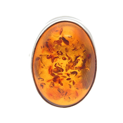 925 Sterling Silver Vintage Real Cabochon Amber Modernist Ring Size 8.5