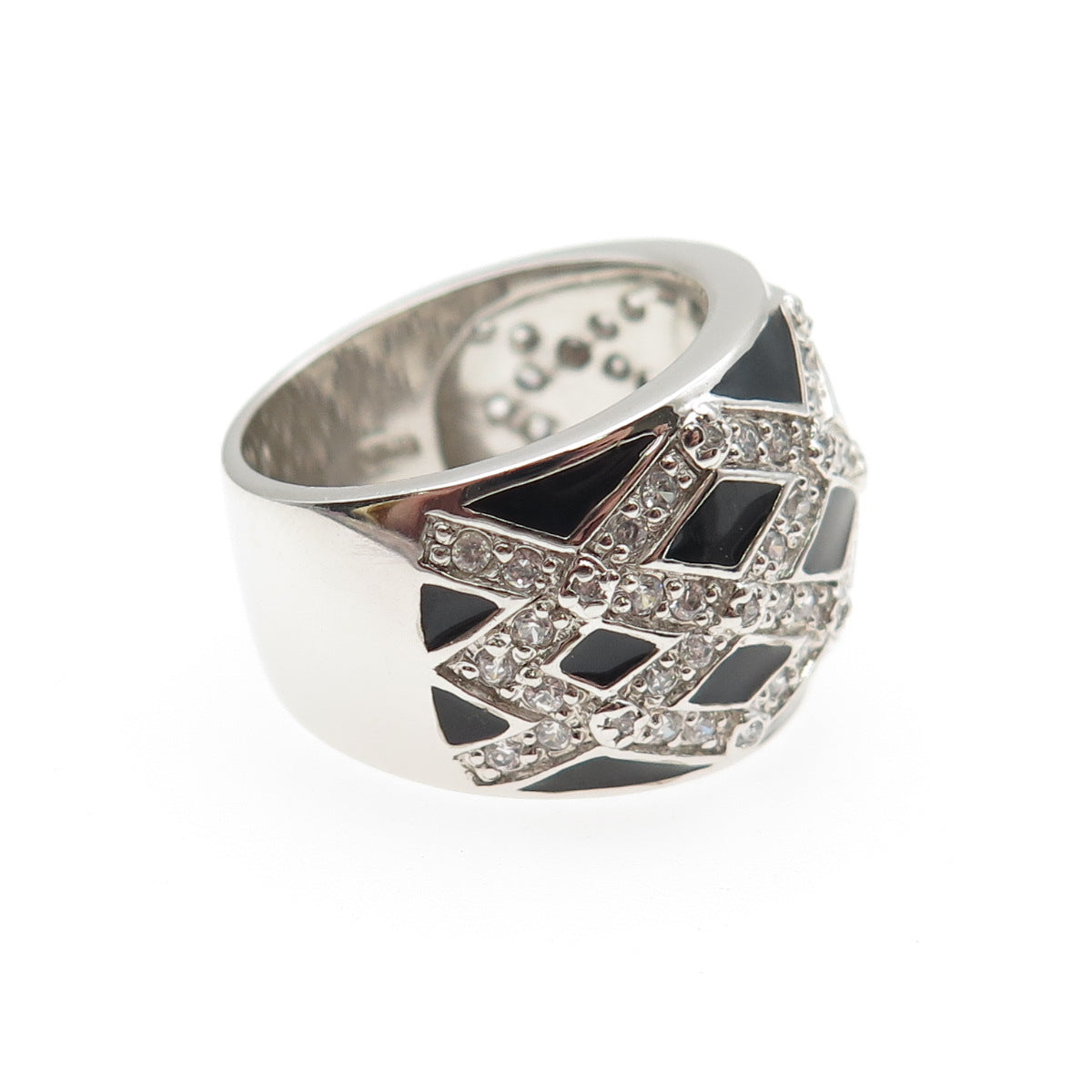 925 Sterling Silver Black Enamel Round-Cut C Z Ring Size 7.25