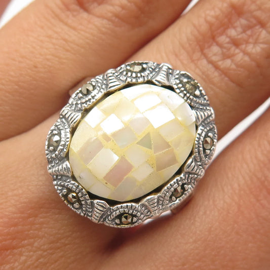 925 Sterling Silver Vintage Real MOP Inlay & Marcasite Gem Ornate Ring Size 6.5