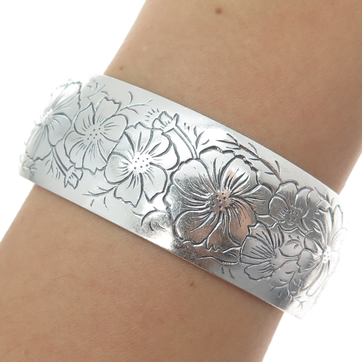 S KIRK & SON 925 Sterling Silver Antique Flower Adjustable Cuff Bracelet 7.25"