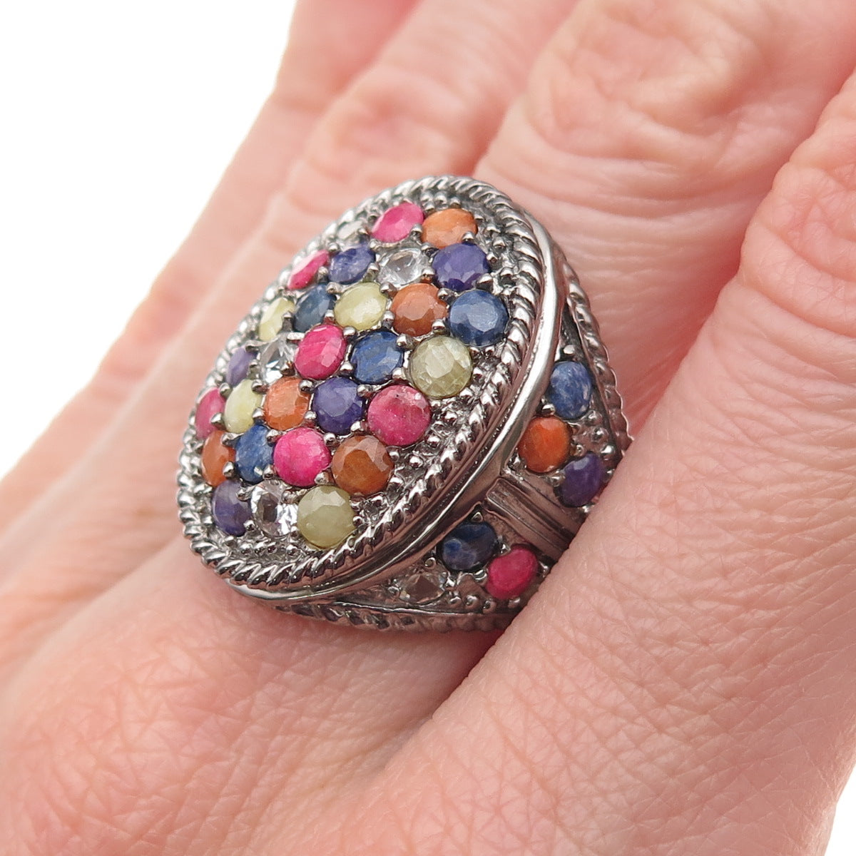 925 Sterling Silver Black Rhodium Real Multi-Color Sapphire Ring Size 7.75