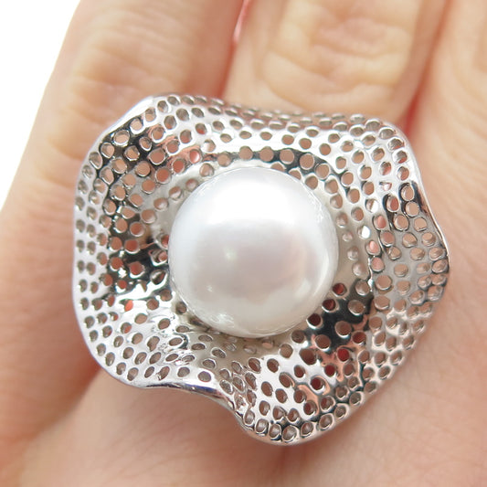 HONORA 925 Sterling Silver Real Pearl Flower Cutout Domed Ring Size 5.25