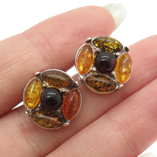 925 Sterling Silver Vintage Poland Real Multi-Color Amber Stud Earrings