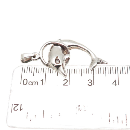 925 Sterling Silver Vintage Round-Cut C Z Dolphin Oxidized Charm Pendant