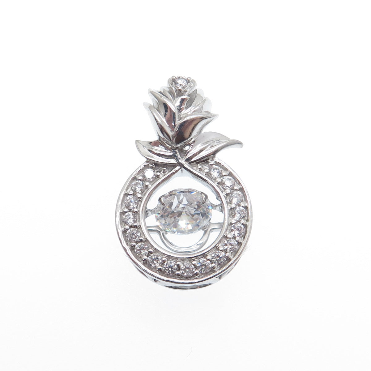 925 Sterling Silver Round-Cut C Z Rose Flower Minimalist Charm Slide Pendant