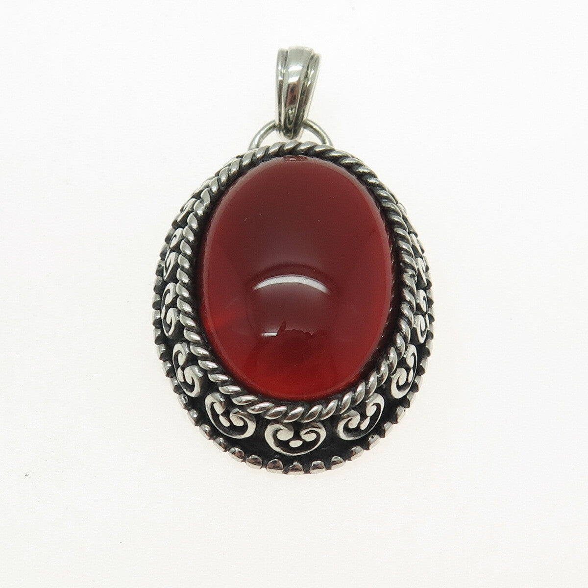925 Sterling Silver Vintage Real Carnelian Heart Ornate Oxidized Charm Pendant