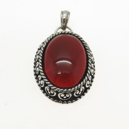 925 Sterling Silver Vintage Real Carnelian Heart Ornate Oxidized Charm Pendant