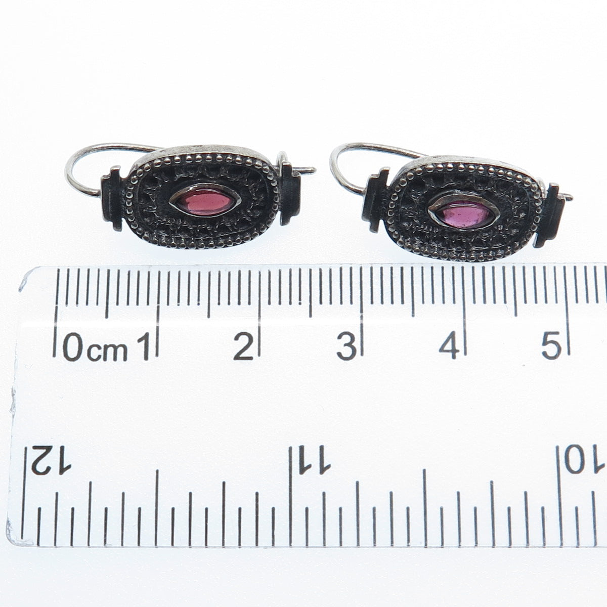 925 Sterling Silver Vintage Real Marquise-Cut Amethyst Oxidized Earrings