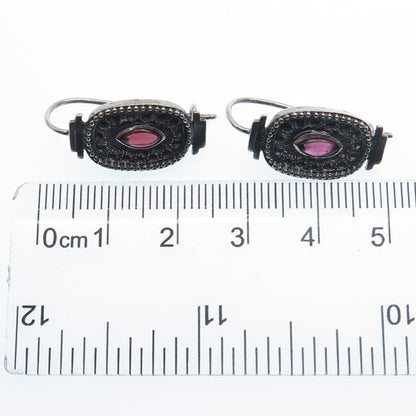 925 Sterling Silver Vintage Real Marquise-Cut Amethyst Oxidized Earrings