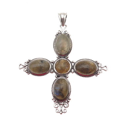 M.R.F. Resources 925 Sterling Silver Vintage Real Labradorite Cross Pendant
