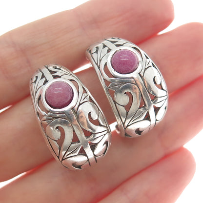 JEZLAINE 925 Sterling Silver Vintage Real Rhodonite Gem Floral Oxidized Earrings