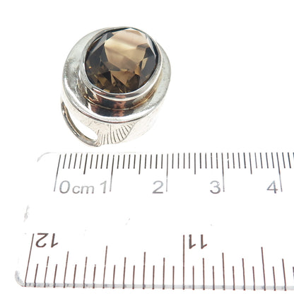 925 Sterling Silver Vintage Real Oval-Cut Smoky Quartz Modernist Slide Pendant