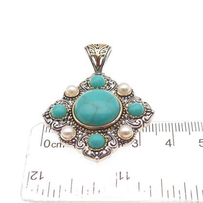 925 Sterling Silver 2-Tone Vintage Real Tyrone Turquoise & Pearl Pendant