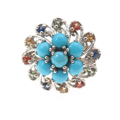 Chuck Clemency 925 Sterling Real Turquoise & Multi-Color Sapphire Ring Size 6.25