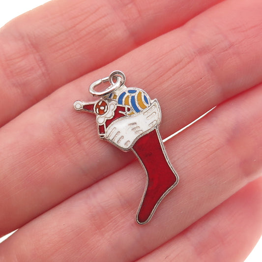 925 Sterling Silver Antique Art Deco Enamel Christmas Stocking Charm Pendant