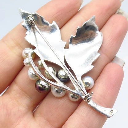 925 Sterling Silver Vintage Philippines Real Pearl & Enamel Leaf Pin Brooch
