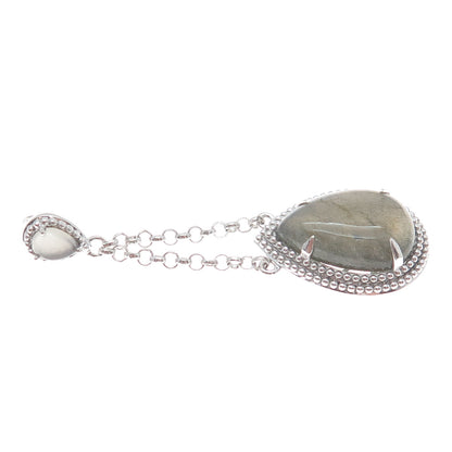 925 Sterling Silver Real Labradorite & Moonstone Teardrop Dangle Pendant