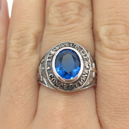 925 Sterling Silver Vintage Blue Glass 1973 Immaculate Conception Ring Size 7.25