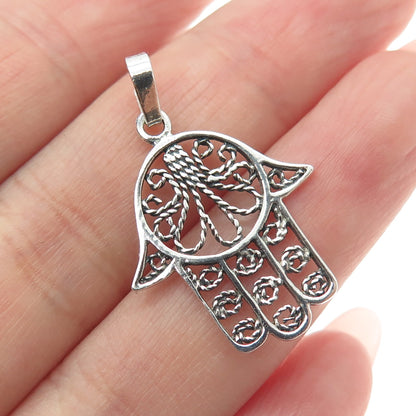 925 Sterling Silver Vintage Filigree Hamsa Amulet Pendant