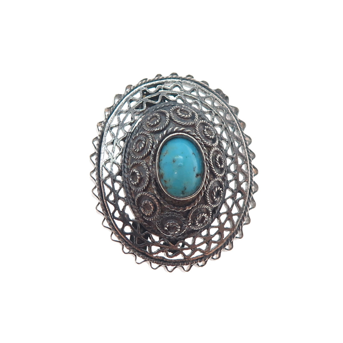 925 Sterling Silver Antique Art Deco Real Turquoise Filigree Oxidized Pin Brooch