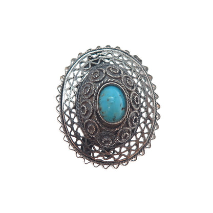 925 Sterling Silver Antique Art Deco Real Turquoise Filigree Oxidized Pin Brooch