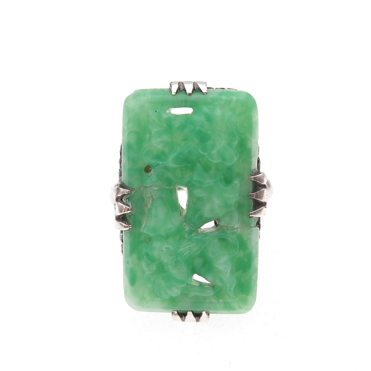925 Sterling Silver Antique Art Deco Real Carved Jade Floral Ring Size 5