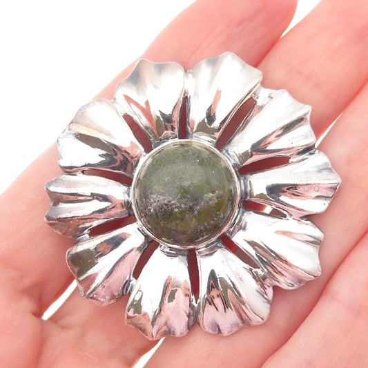 925 Sterling Silver Vintage Ireland Connemara Marble Flower Pin Brooch / Pendant