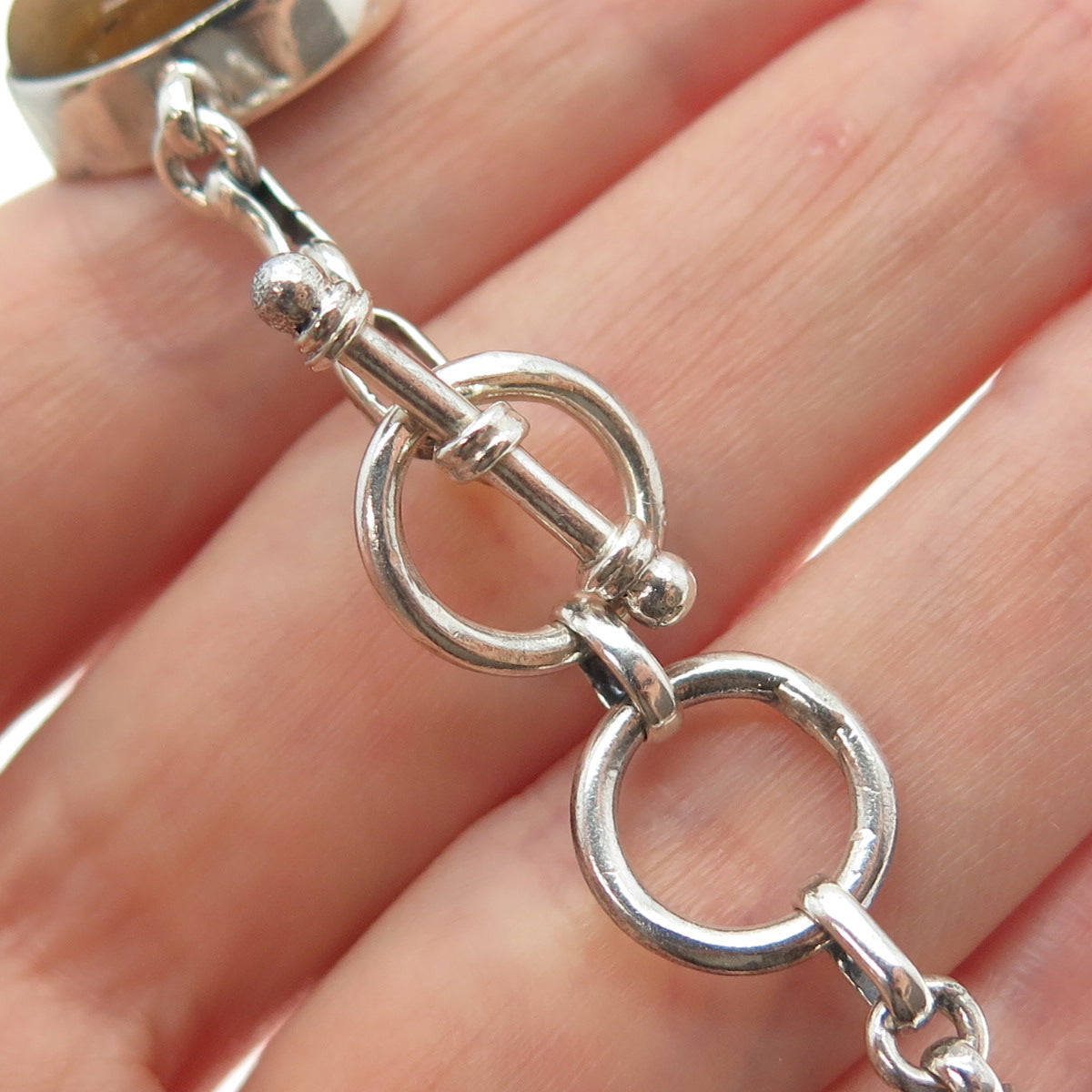 925 Sterling Silver Vintage Real Tiger Eye Modernist Link Bracelet 6-6.75"