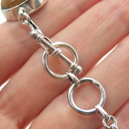 925 Sterling Silver Vintage Real Tiger Eye Modernist Link Bracelet 6-6.75"